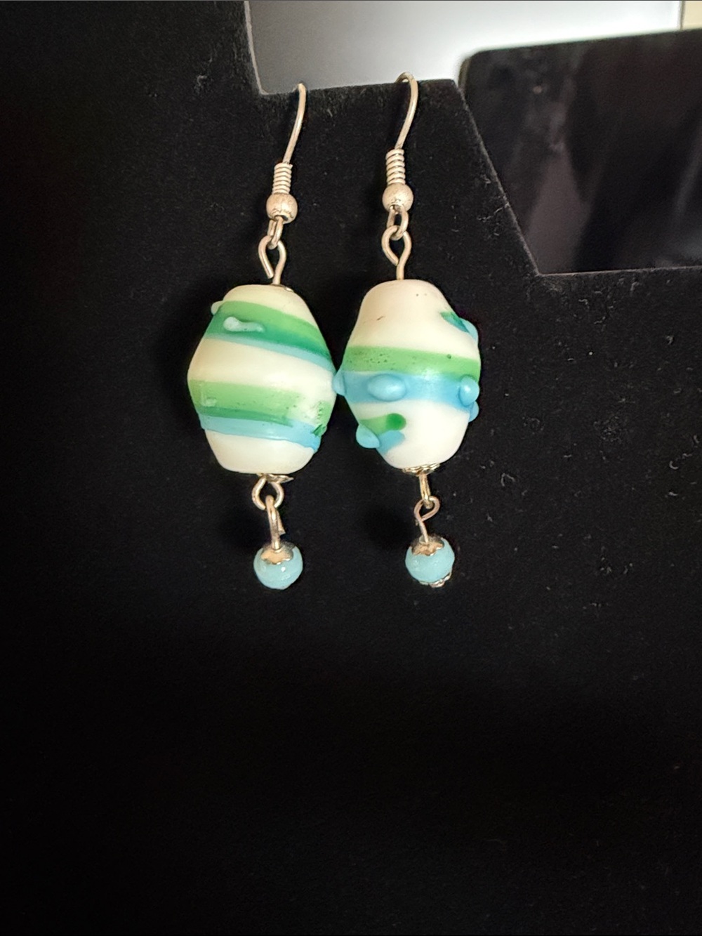 Handcrafted Green and Blue Lampwork Bead Drop Earrings